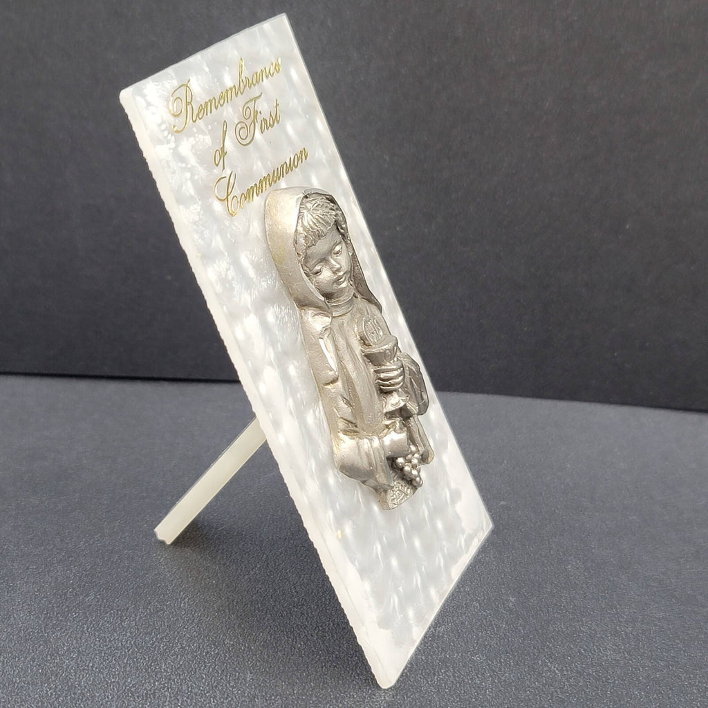 Vintage Pewter Girls First Communion Pewter Italy White Stand 4 1/4" x 2 1/8"