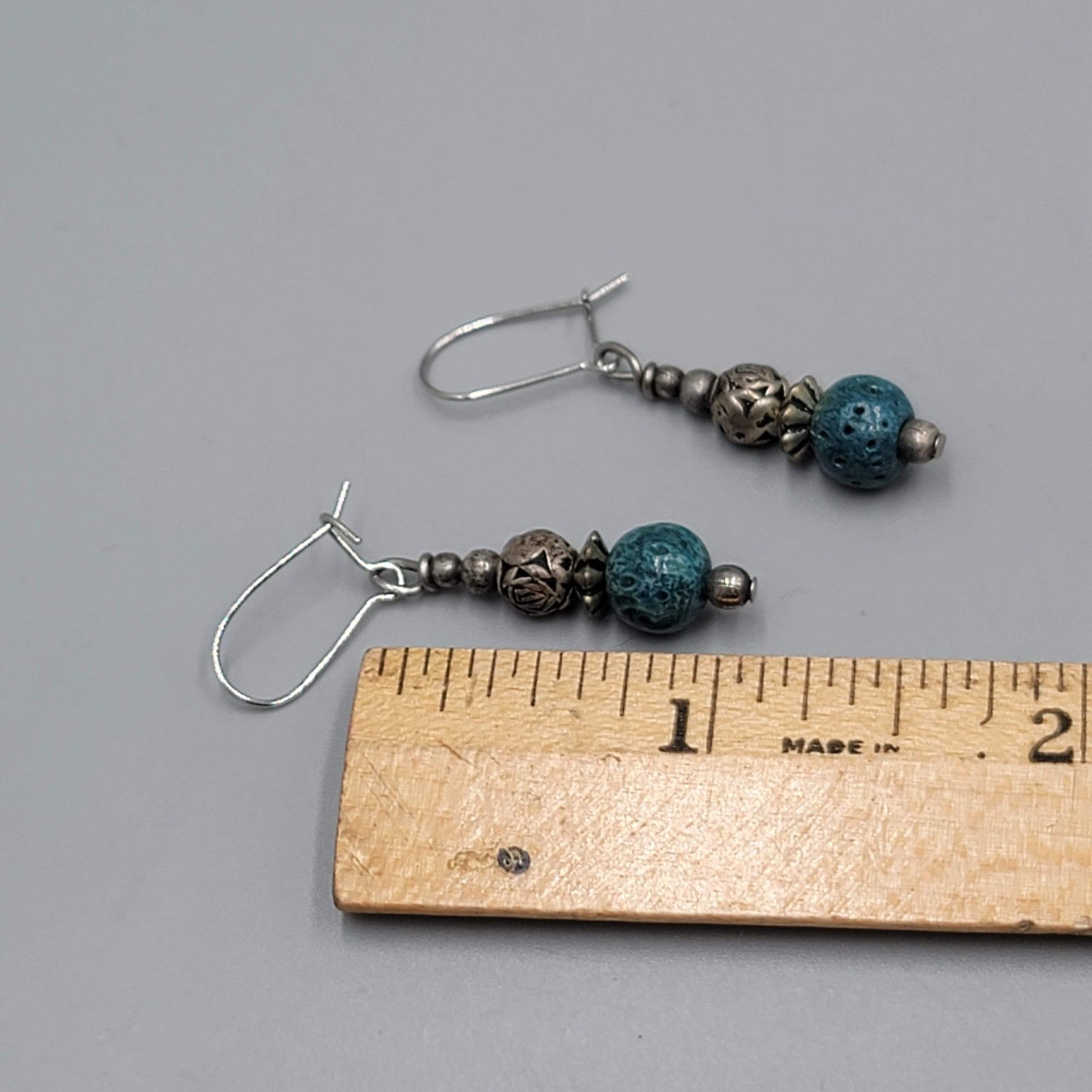 Vintage Blue Bead Pierced Earrings Silver tone Dangle 7/8"