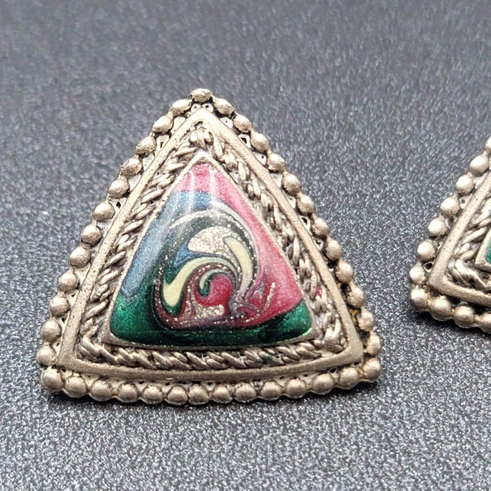 Vintage Pierced Earrings Silver tone Multicolor Enamel Swirl Triangle 1"