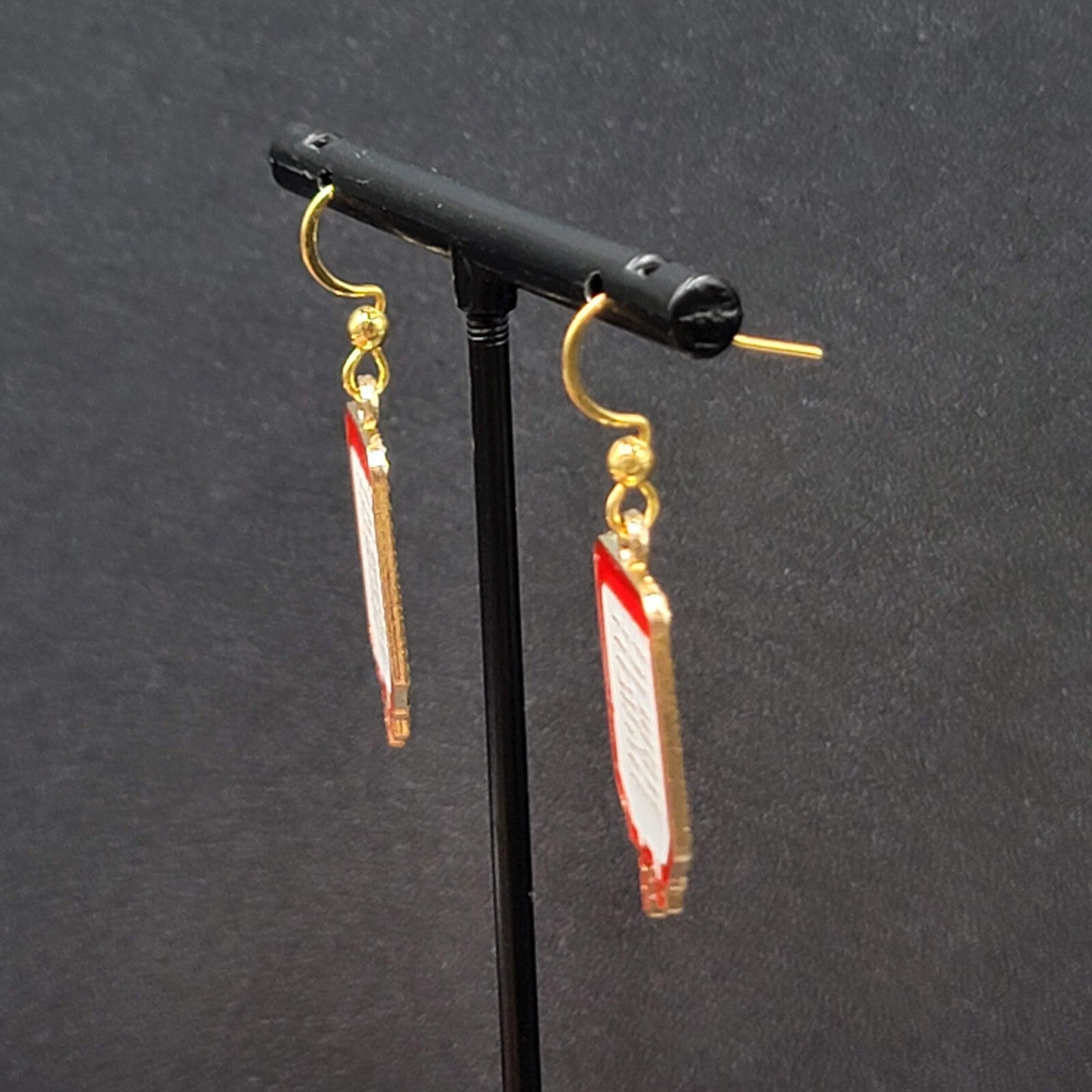 Nurse Pierced Earrings Medical IV Bag Red White Enamel Gold tone Dangle 1"