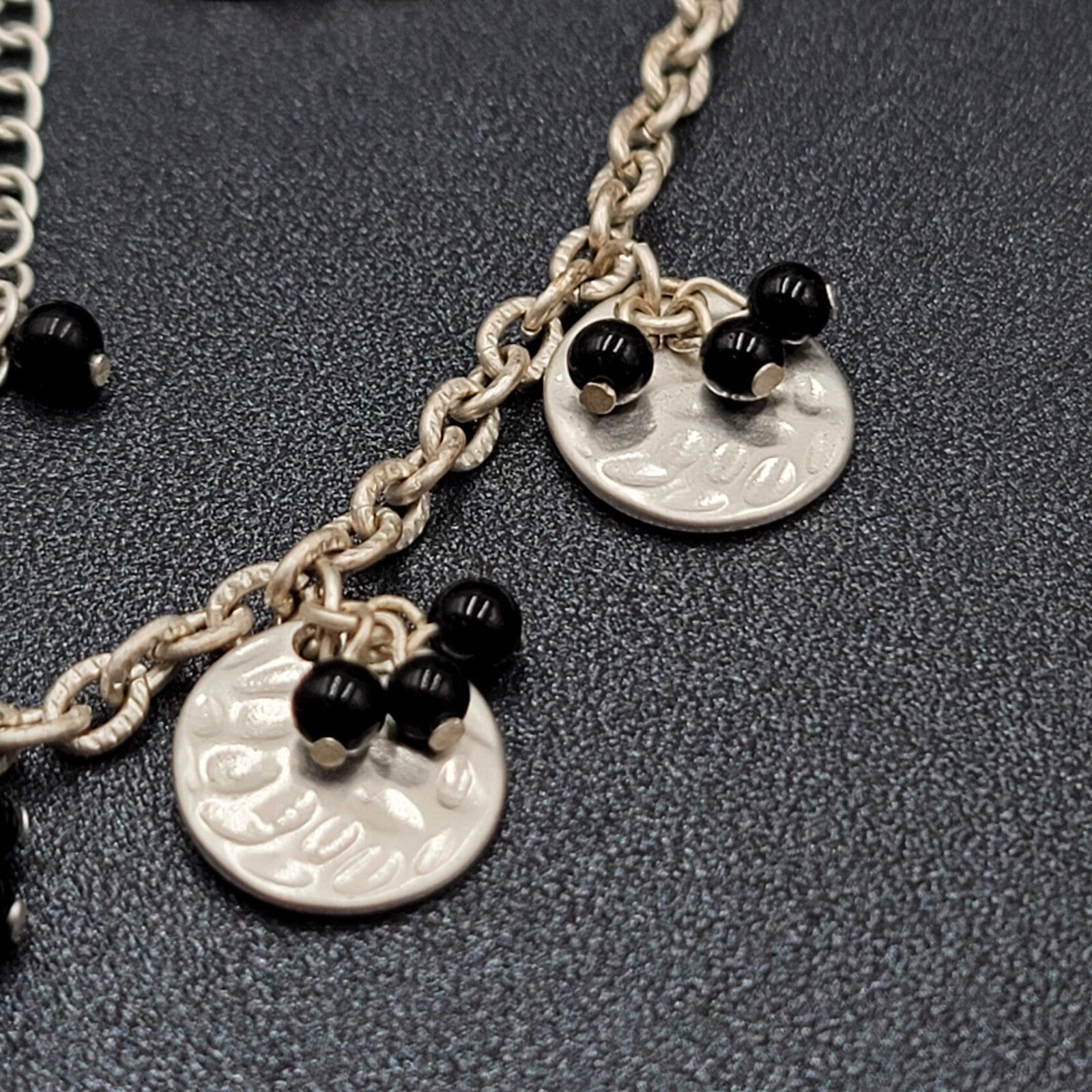 Black Bead Necklace Silver tone Hammered Discs Chain 16"-18"