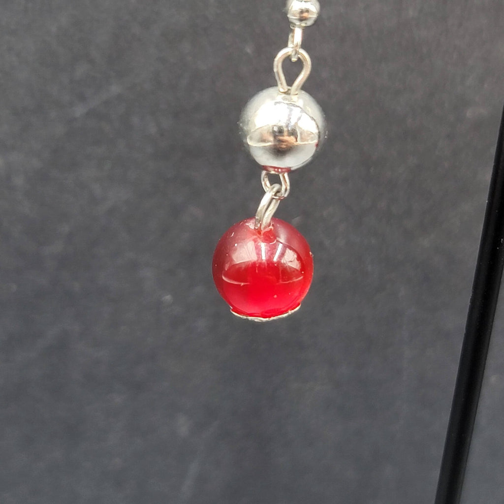 Pierced Earrings Silver tone Bead Red Moonglow Bead Dangle 1"