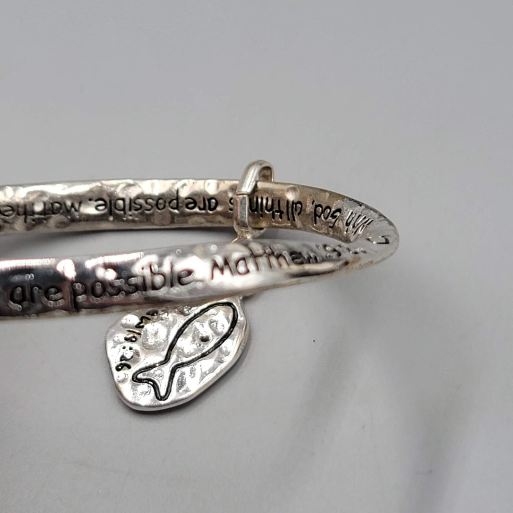 Matthew 19 Scripture Bangle Charm Bracelet Silver tone Fish Charm