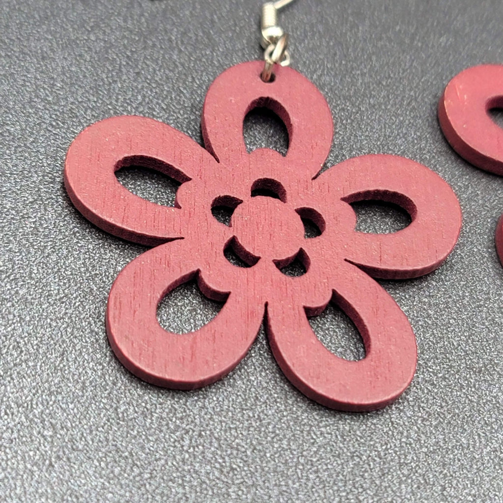 Flower Pierced Earrings Red Burgundy Laser Cut Wood Dangle 1.75"