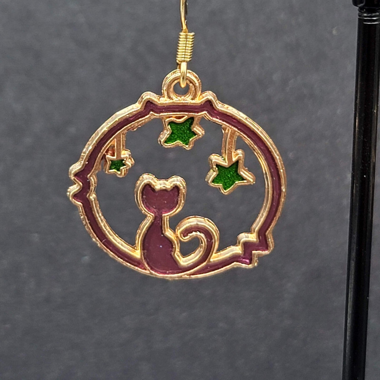 New Cat Pierced Earrings Gold tone Green Stars Purple Enamel Dangle 7/8"