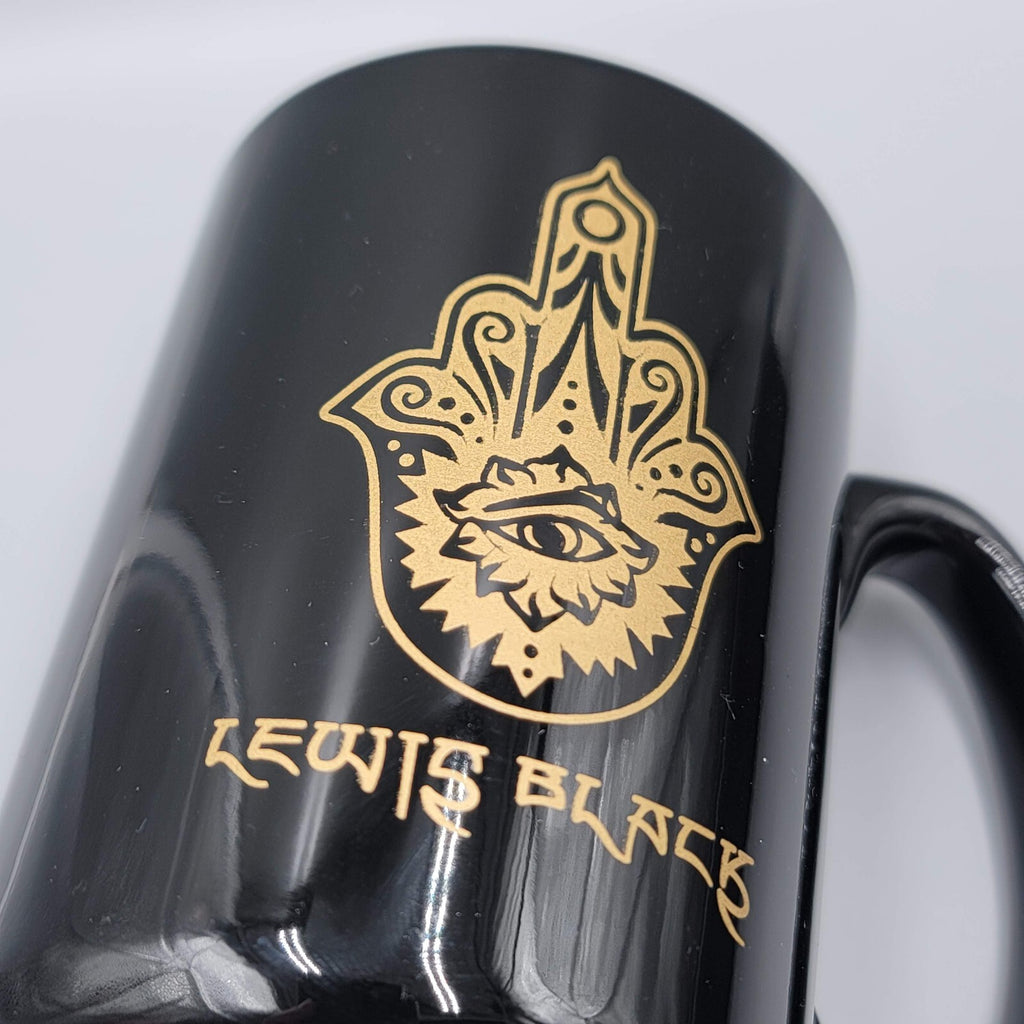 Comedian Lewis Black Coffee Mug Black Gold Hamsa Eye Cup