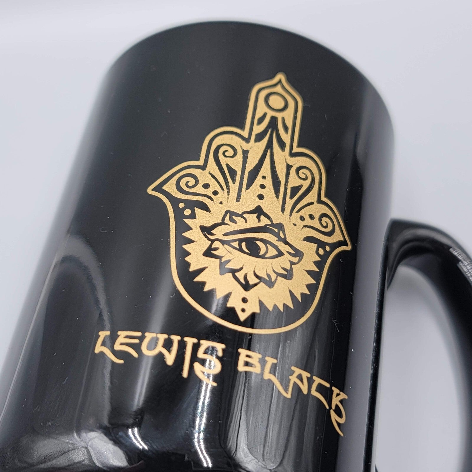 Comedian Lewis Black Coffee Mug Black Gold Hamsa Eye Cup