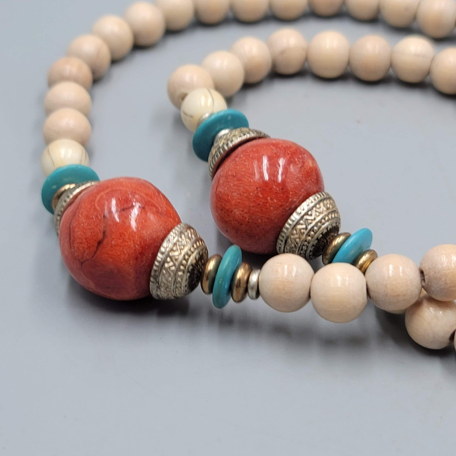 Vintage Coral and White Wood Bead Necklace Statement 24"
