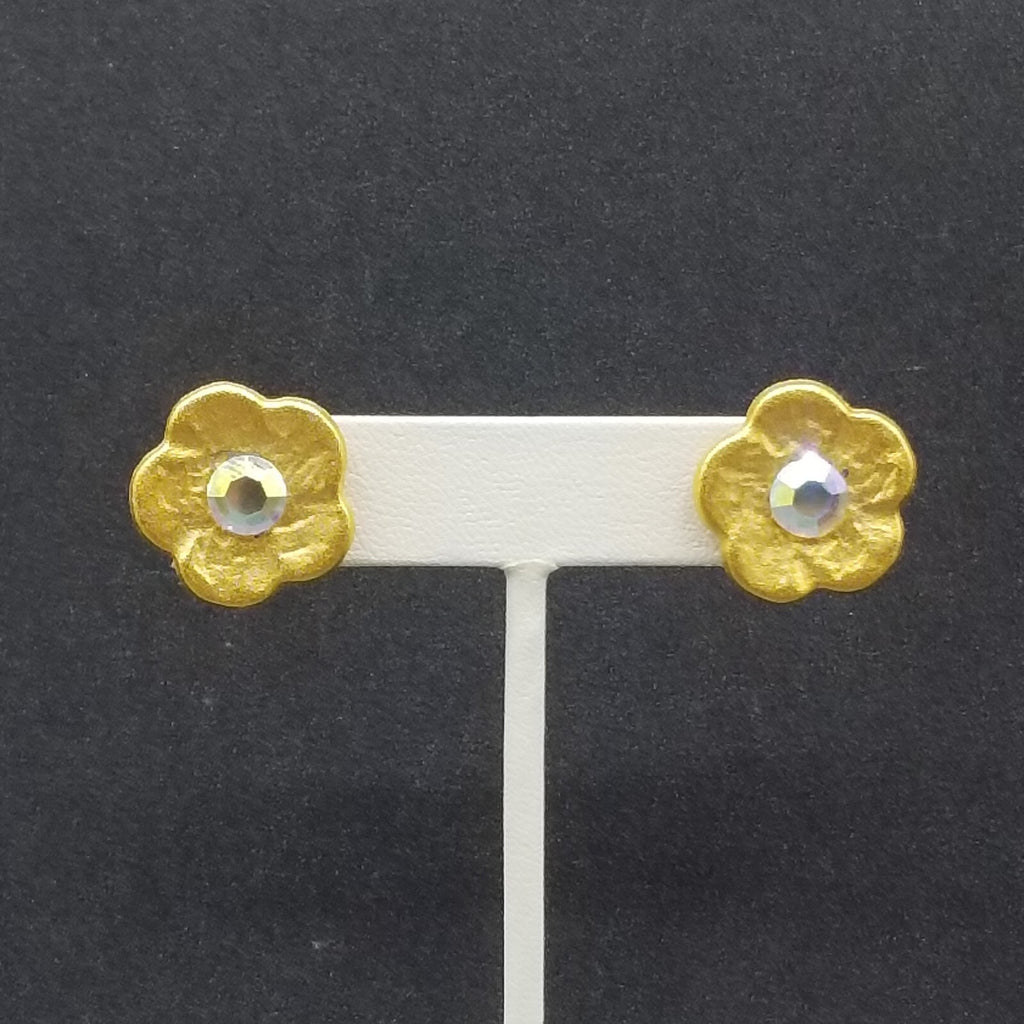 Pierced Earrings Gold tone Glower Aurora Borealis Crystal Stud 3/4'
