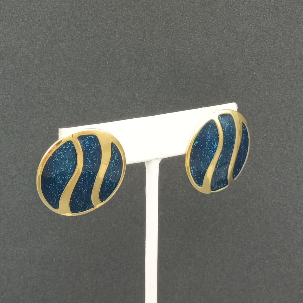 Vintage Pierced Earrings Polished Gold tone Blue Glitter Enamel Drop 1 1/8"