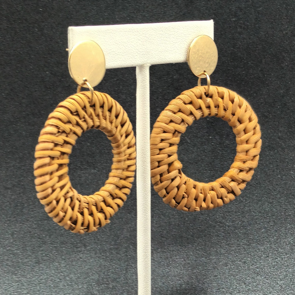 Boho Pierced Earrings Gold tone Rattan Ring Statement Dangle 2 1/2"