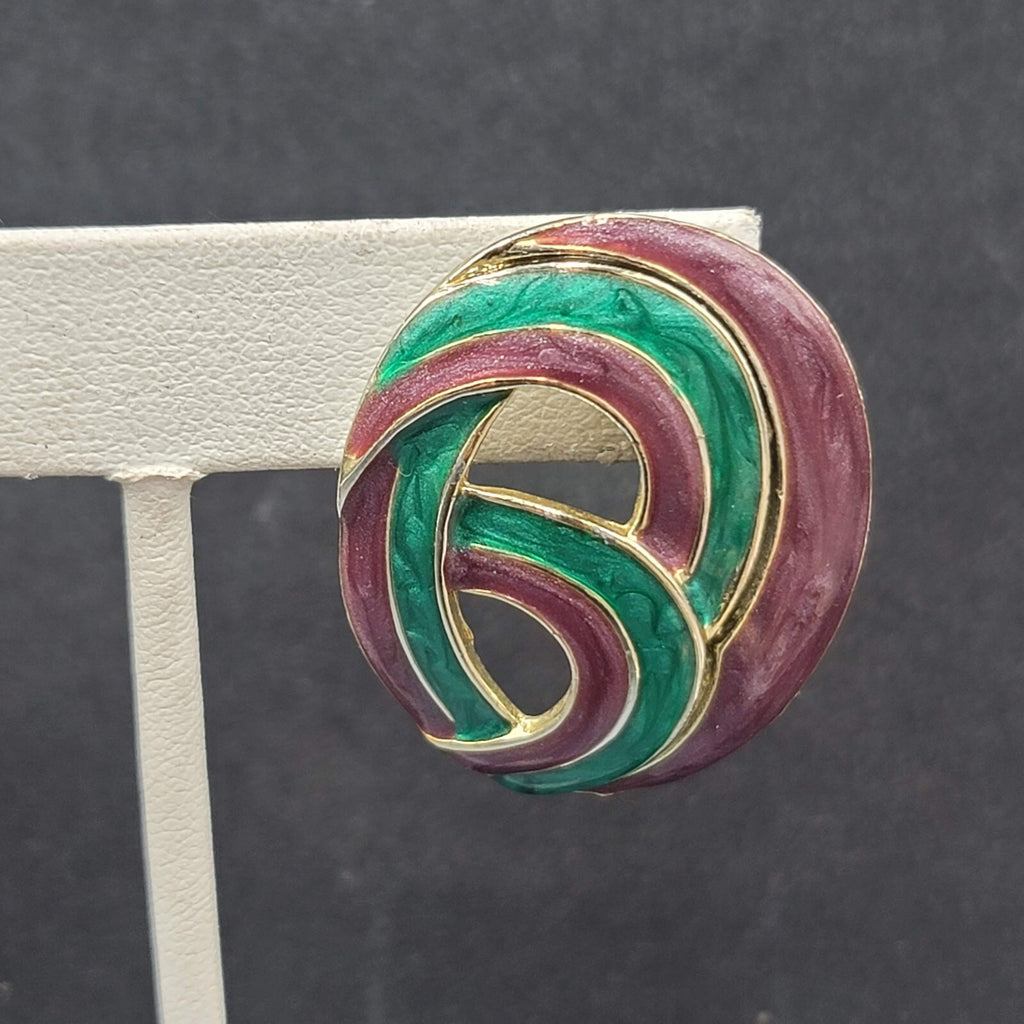 Vintage Pierced Earrings Purple Teal Blue Swirl Enamel Gold tone Drop 1.5"