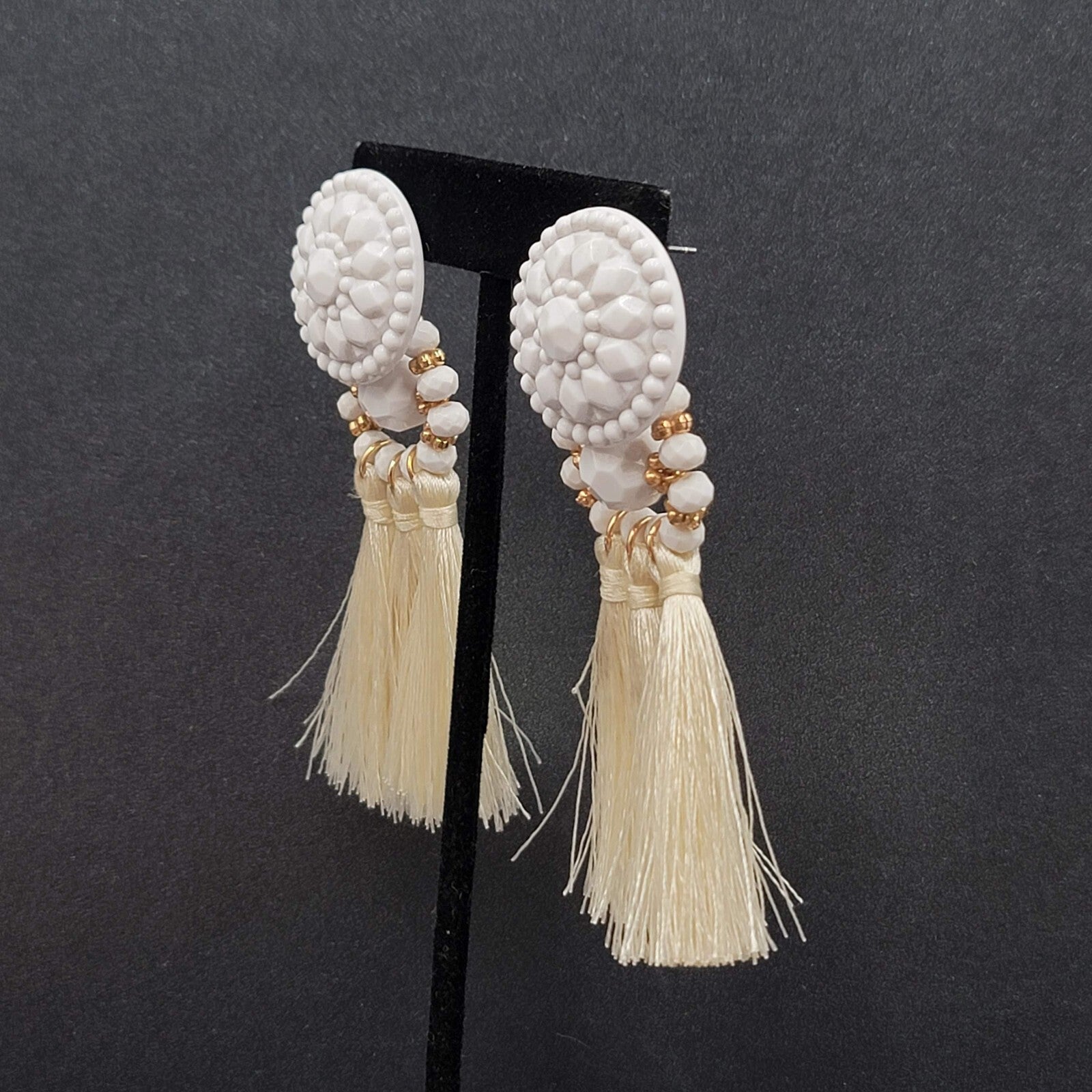 Large Statement Pierced Earrings White Acrylic Tassel Dangle 3.5"