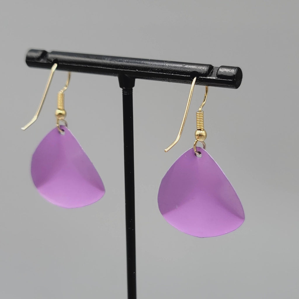 Vintage Pierced Earrings Gold tone Purple Enamel over Metal Dangle 1"