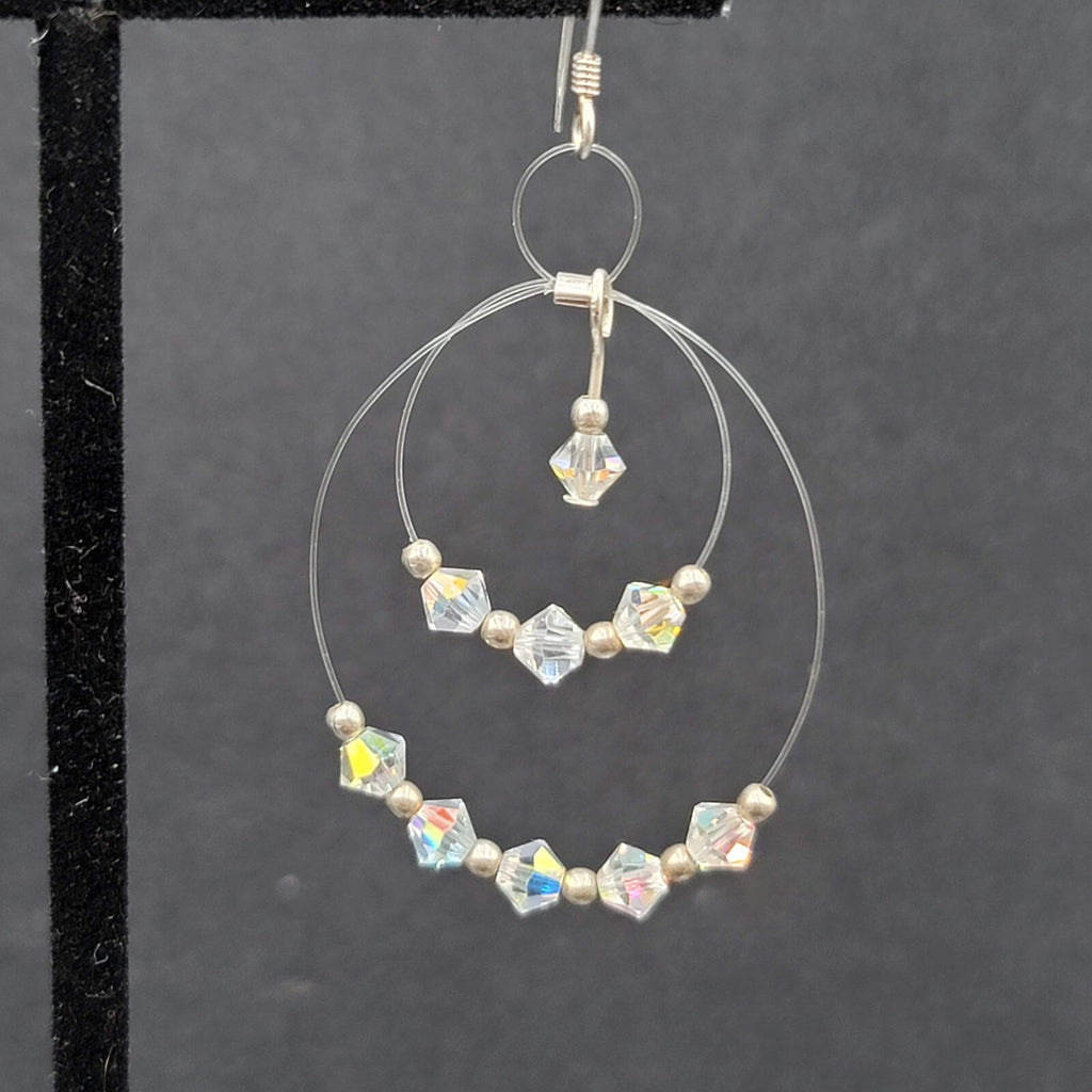Pierced Earrings Floating Bicone AB Crystal Bead Dangle Hoops 1.75"