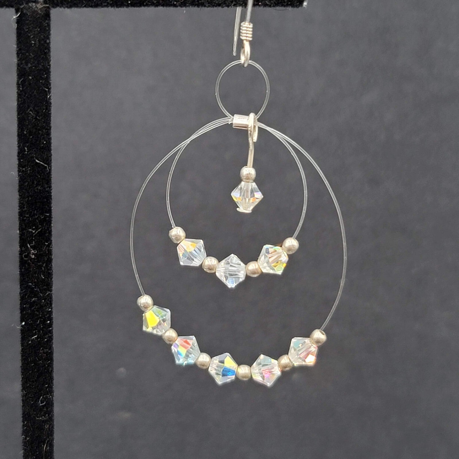 Pierced Earrings Floating Bicone AB Crystal Bead Dangle Hoops 1.75"