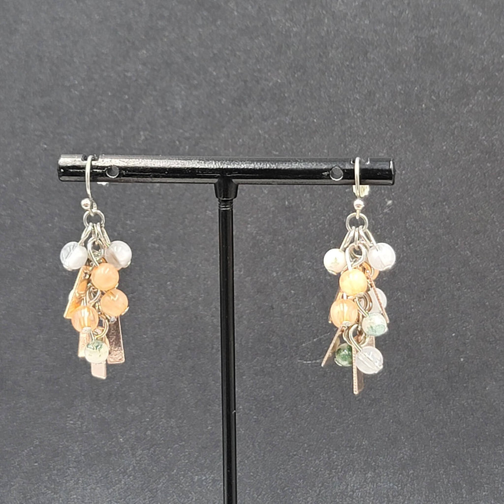 Pierced Earrings Silver tone Peach Gray Green Dangle Beads 1.25"
