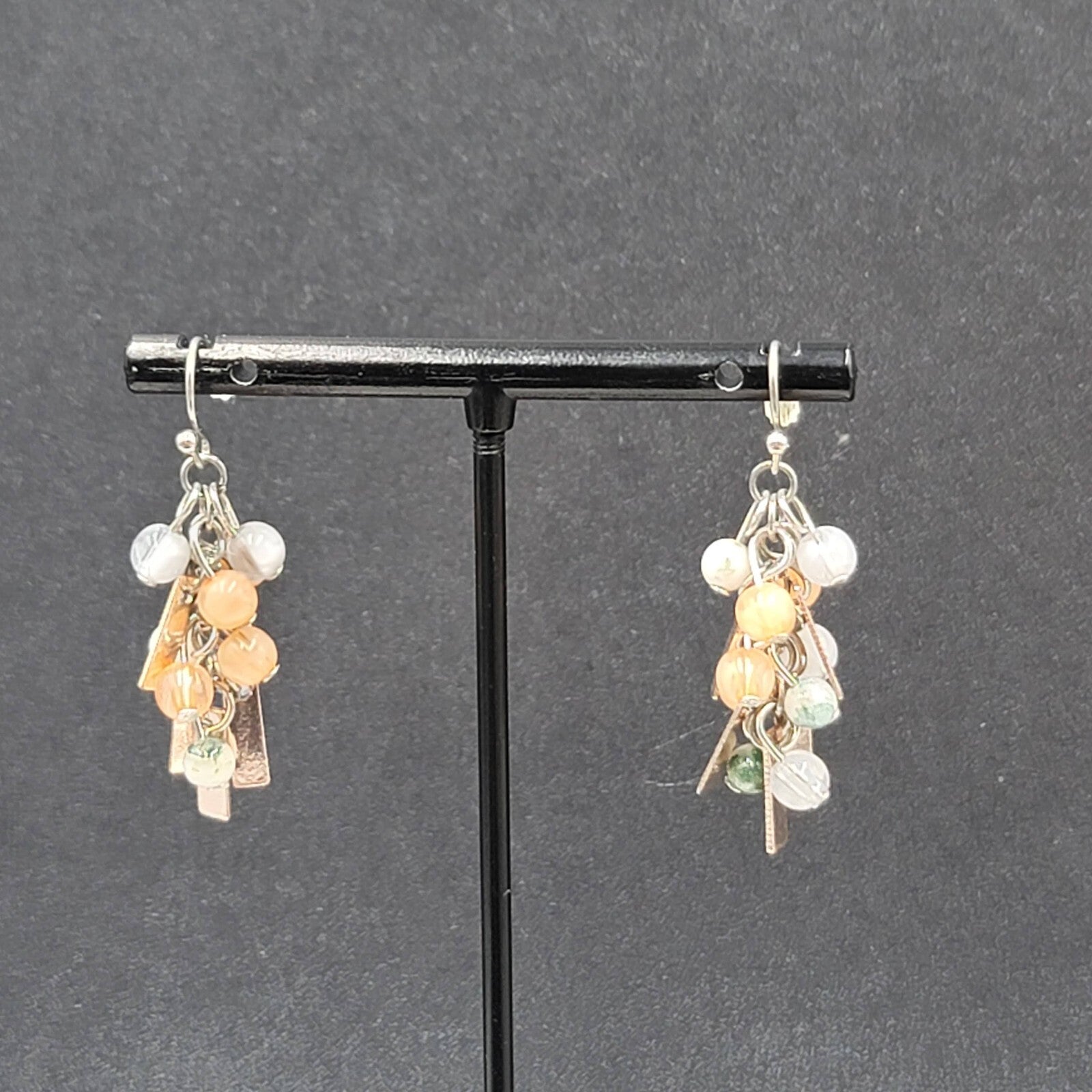 Pierced Earrings Silver tone Peach Gray Green Dangle Beads 1.25"