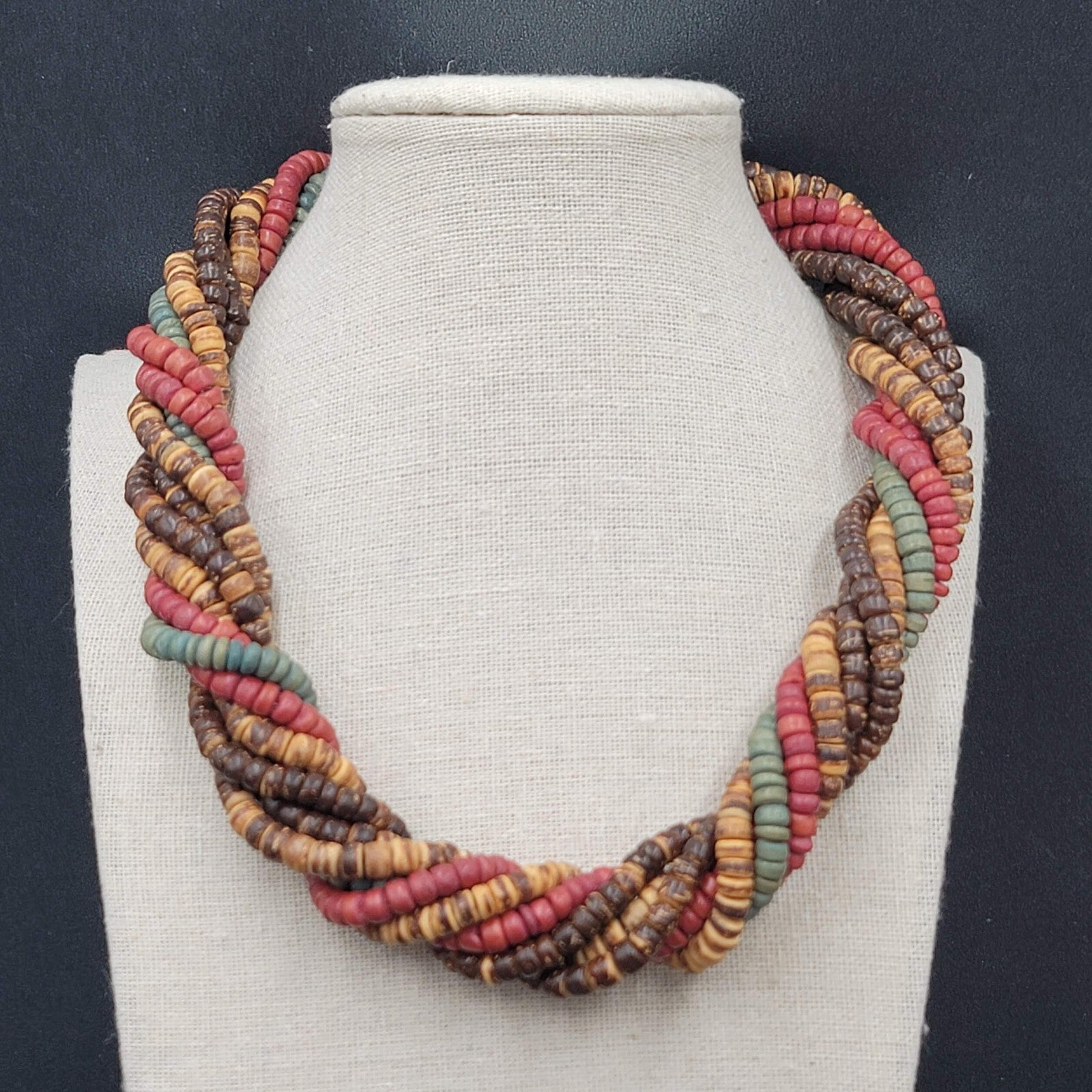 Vintage Coir Coconut Beads Necklace Multicolor Twist Statement 18"-20"
