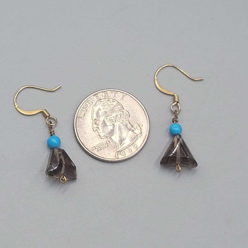 Blue and Triangle Smokey Glass Bead Pierced Earrings Gold tone Dangle 3/4"