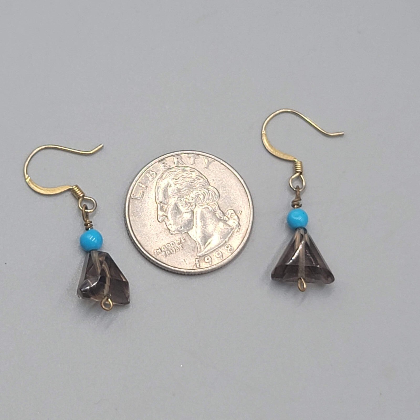 Blue and Triangle Smokey Glass Bead Pierced Earrings Gold tone Dangle 3/4"