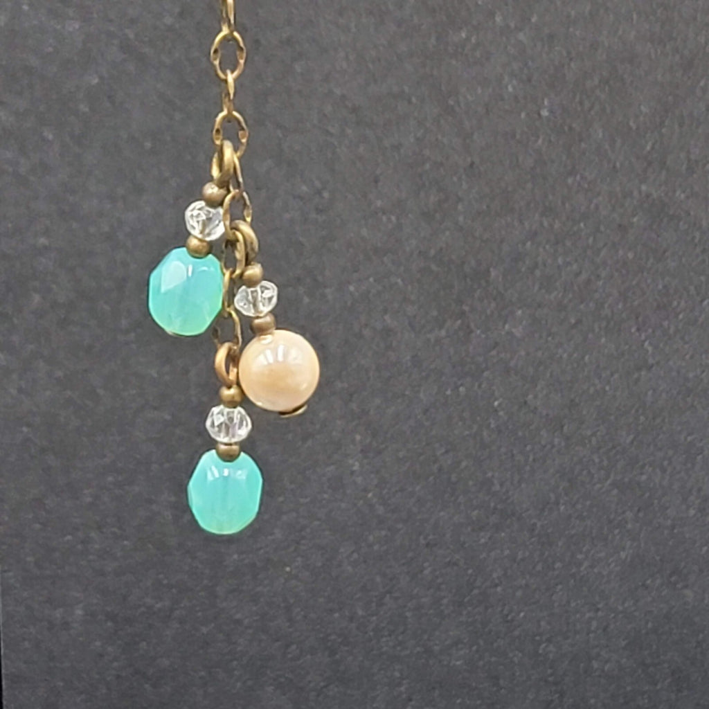 Pierced Earrings Bronze tone Blue Glass Bead Dangle Chains 1.75"