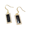 Black Rhinestone Rectangle Pierced Earrings Gold tone Dangle 7/8"