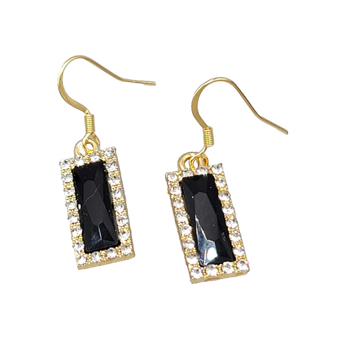 Black Rhinestone Rectangle Pierced Earrings Gold tone Dangle 7/8"
