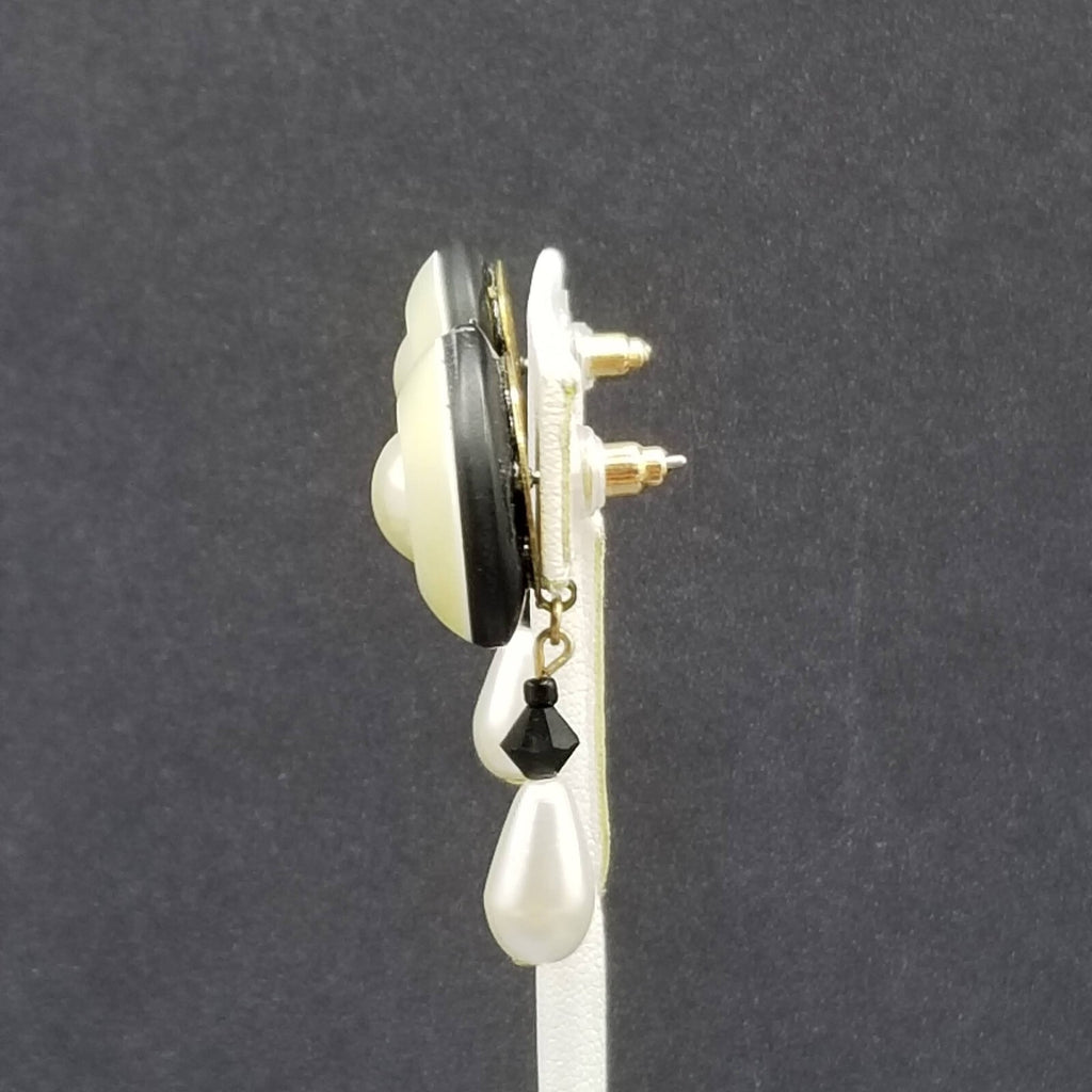 Pierced Earrings Gold tone Mother of Pearl Bead Button Style Dangle 1 5/8"