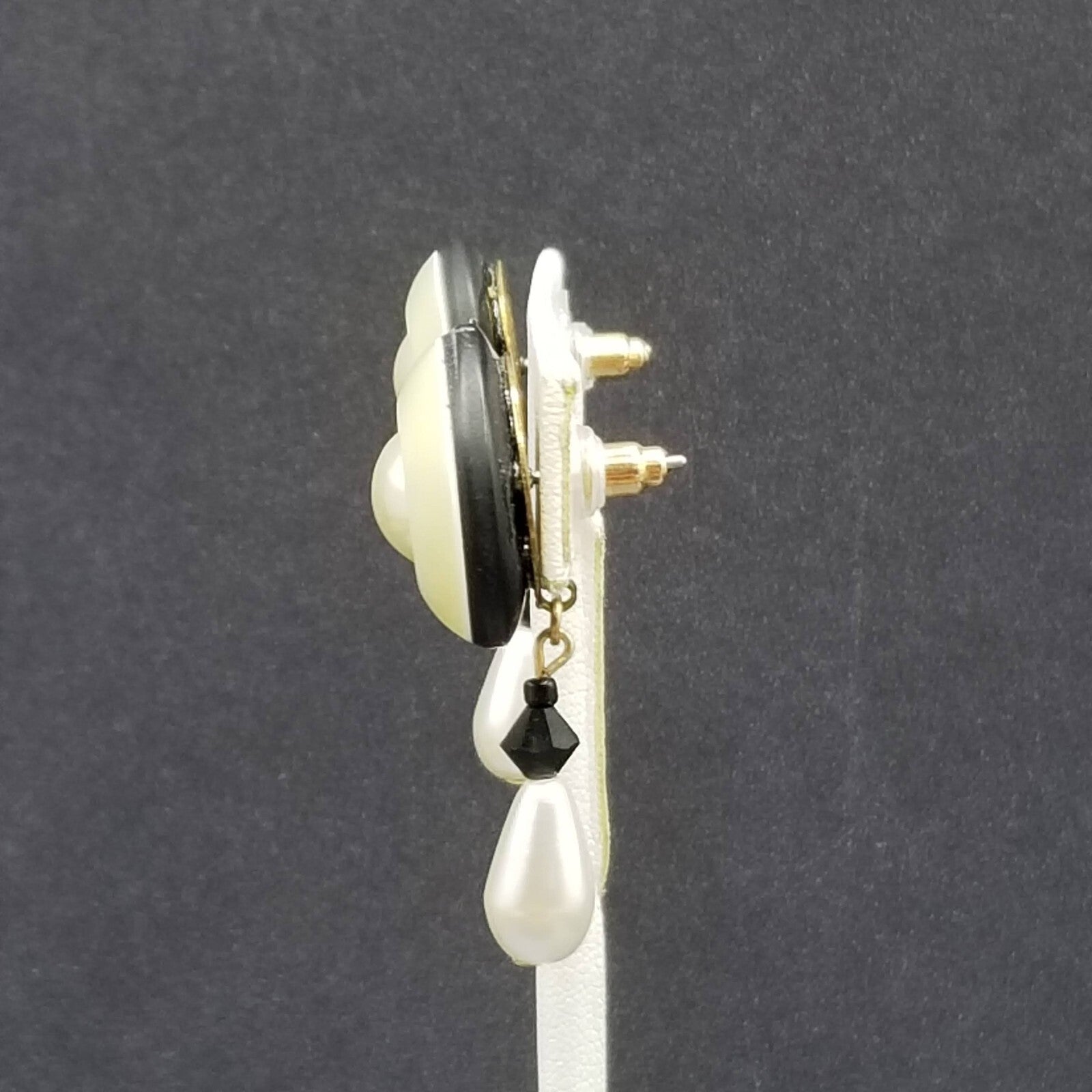 Pierced Earrings Gold tone Mother of Pearl Bead Button Style Dangle 1 5/8"