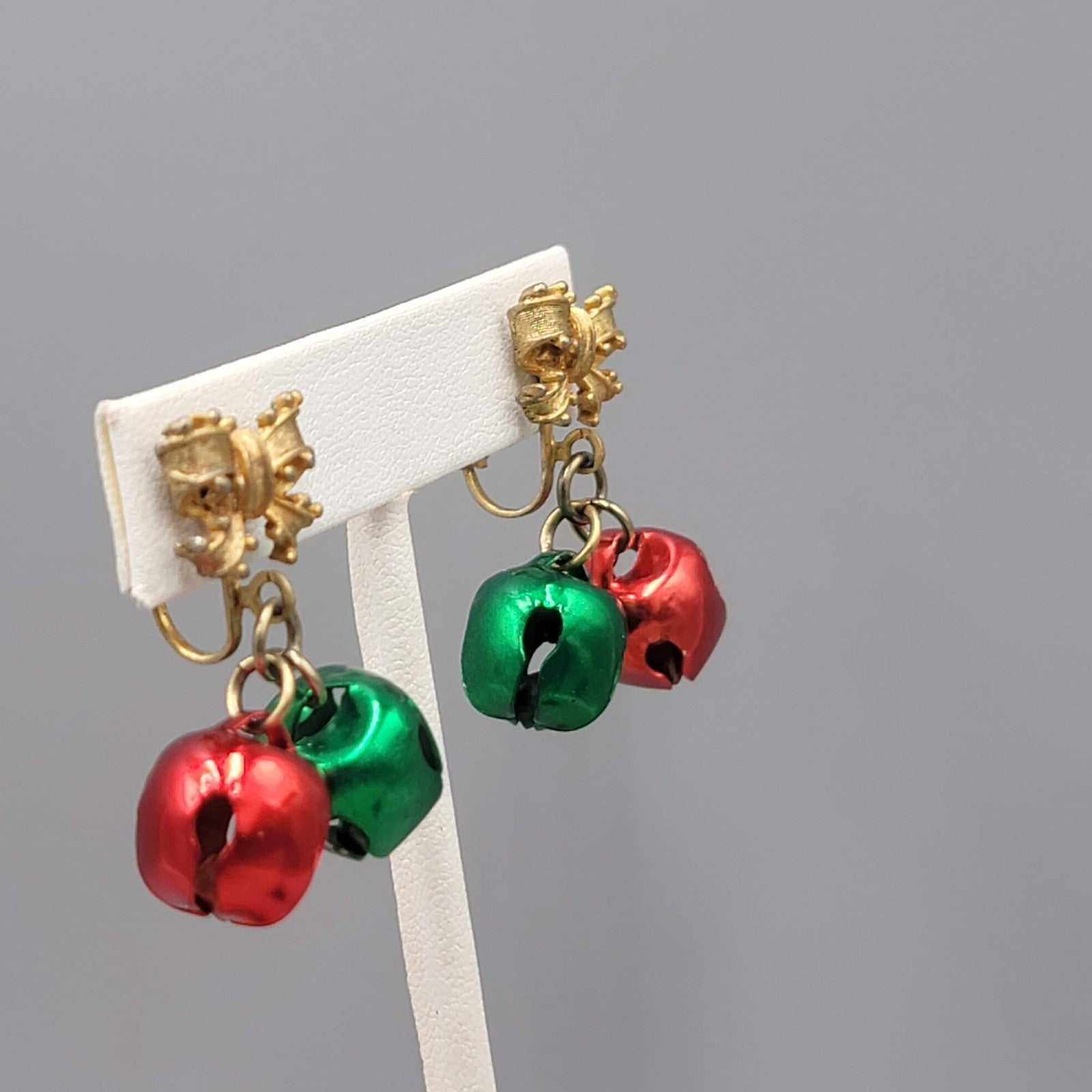Vintage Christmas Bow Bells Clip on Earrings Gold tone Dangle 1.5"