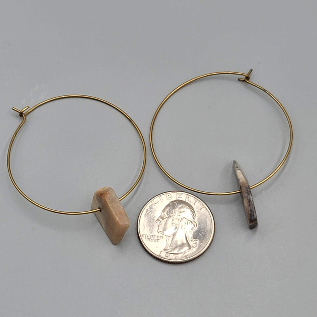 Asymmetrical Stone Hoop Pierced Earrings Gold tone Hoops 2"