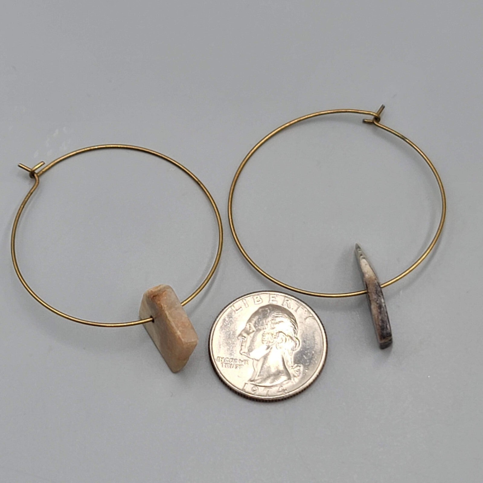 Asymmetrical Stone Hoop Pierced Earrings Gold tone Hoops 2"