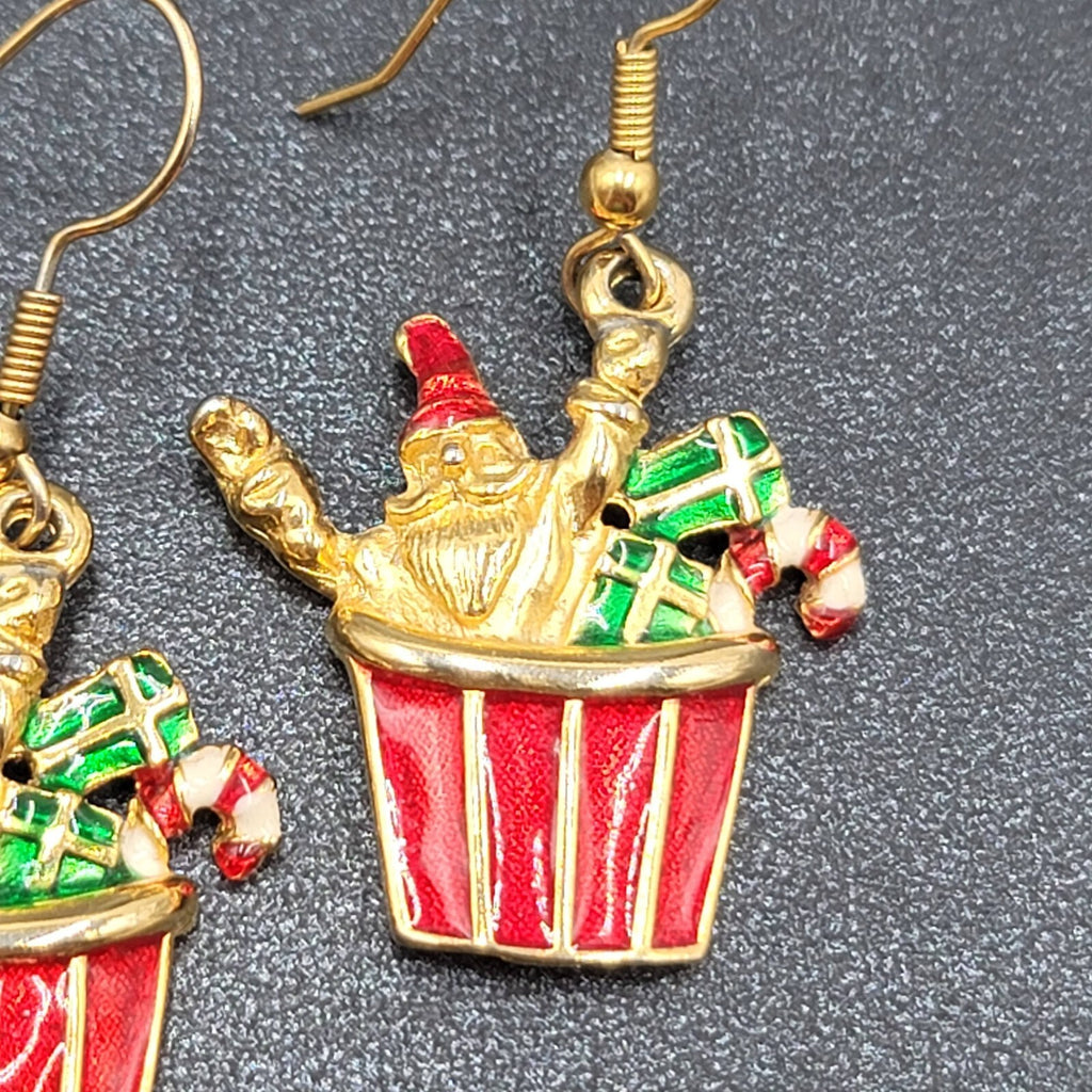 Christmas Pierced Earrings Gold Plated Presents Santa Candy Cane Dangle 1 1/8"