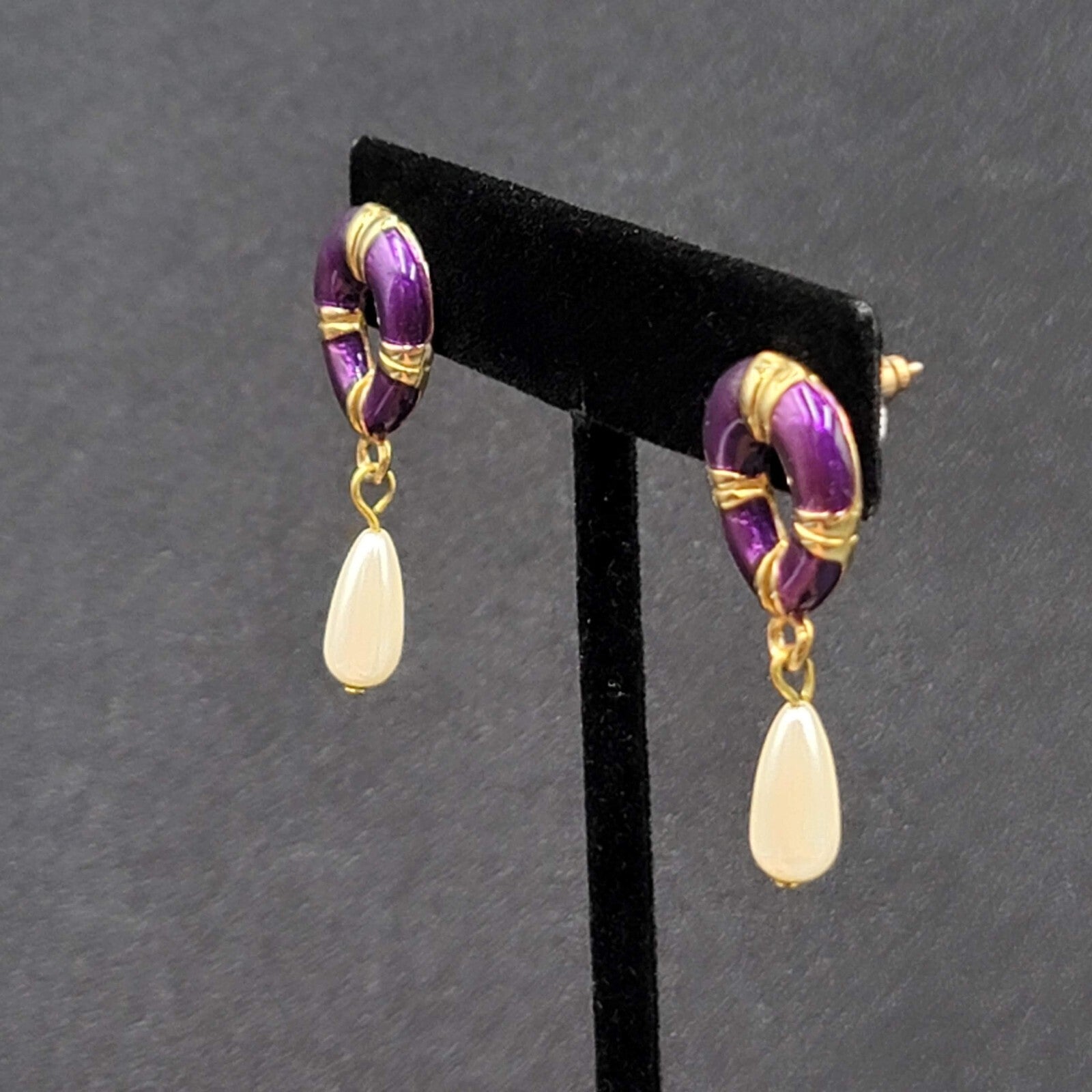 Vintage Pierced Earrings Purple Enamel Faux Pearl Teardrop Signed Dangle 1 3/8"