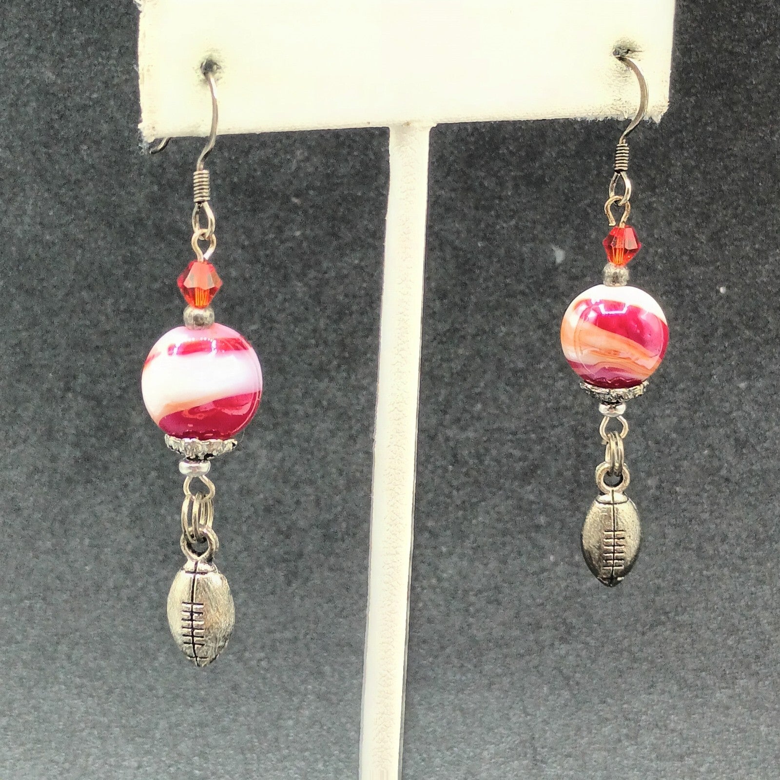 Pierced Earrings Red White Swirl Art Glass Silver tone Football Dangle Charm