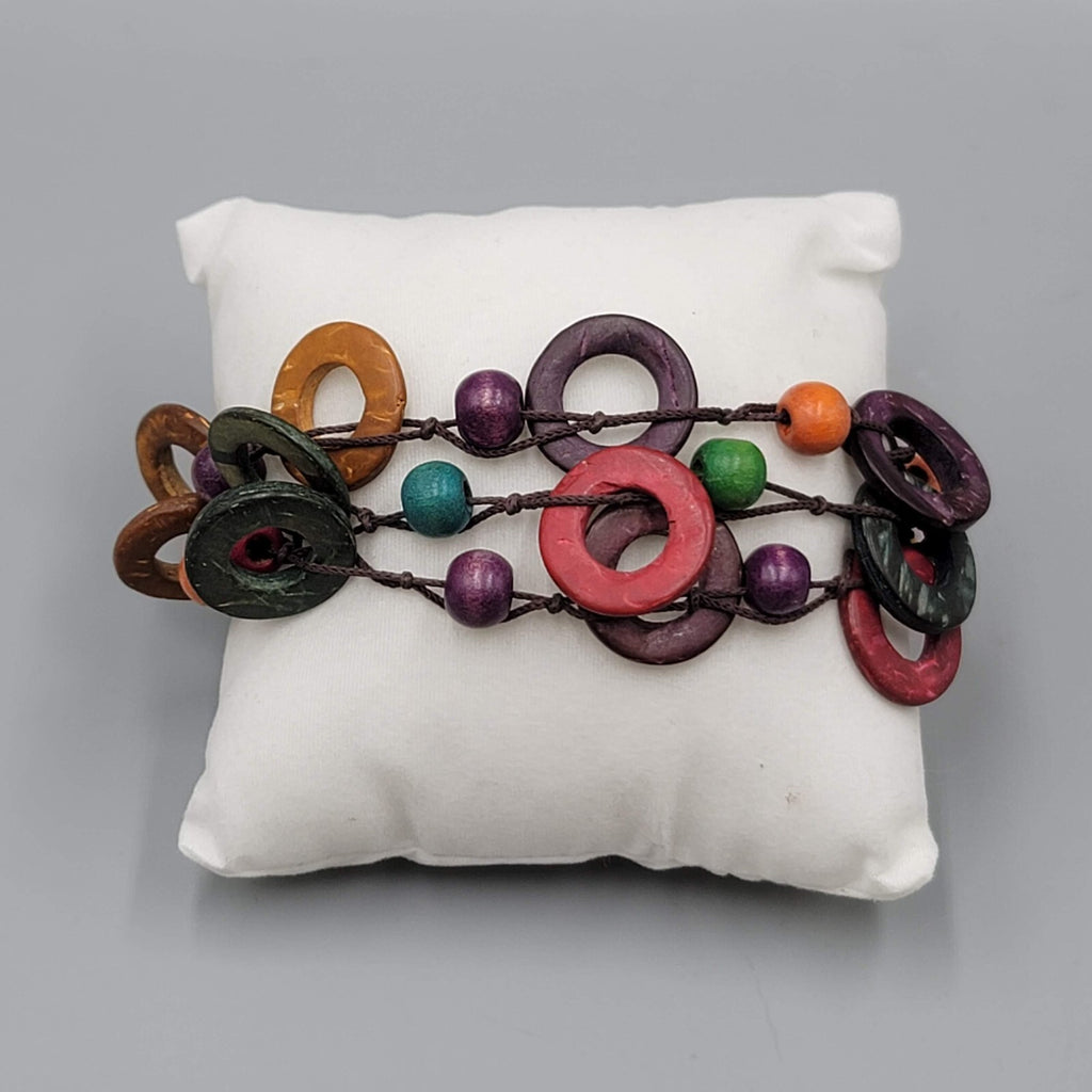 Multicolor Coconut Shell and Wood Bead Bracelet Button Closure 7.5"