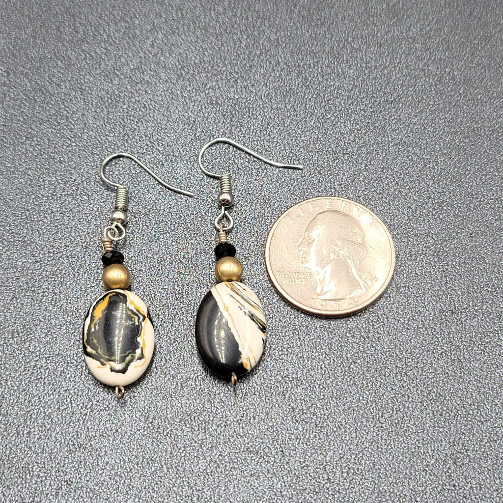 Pierced Earrings Silver tone Black White Yellow Art Glass Oval Bead Dangle 1.25"
