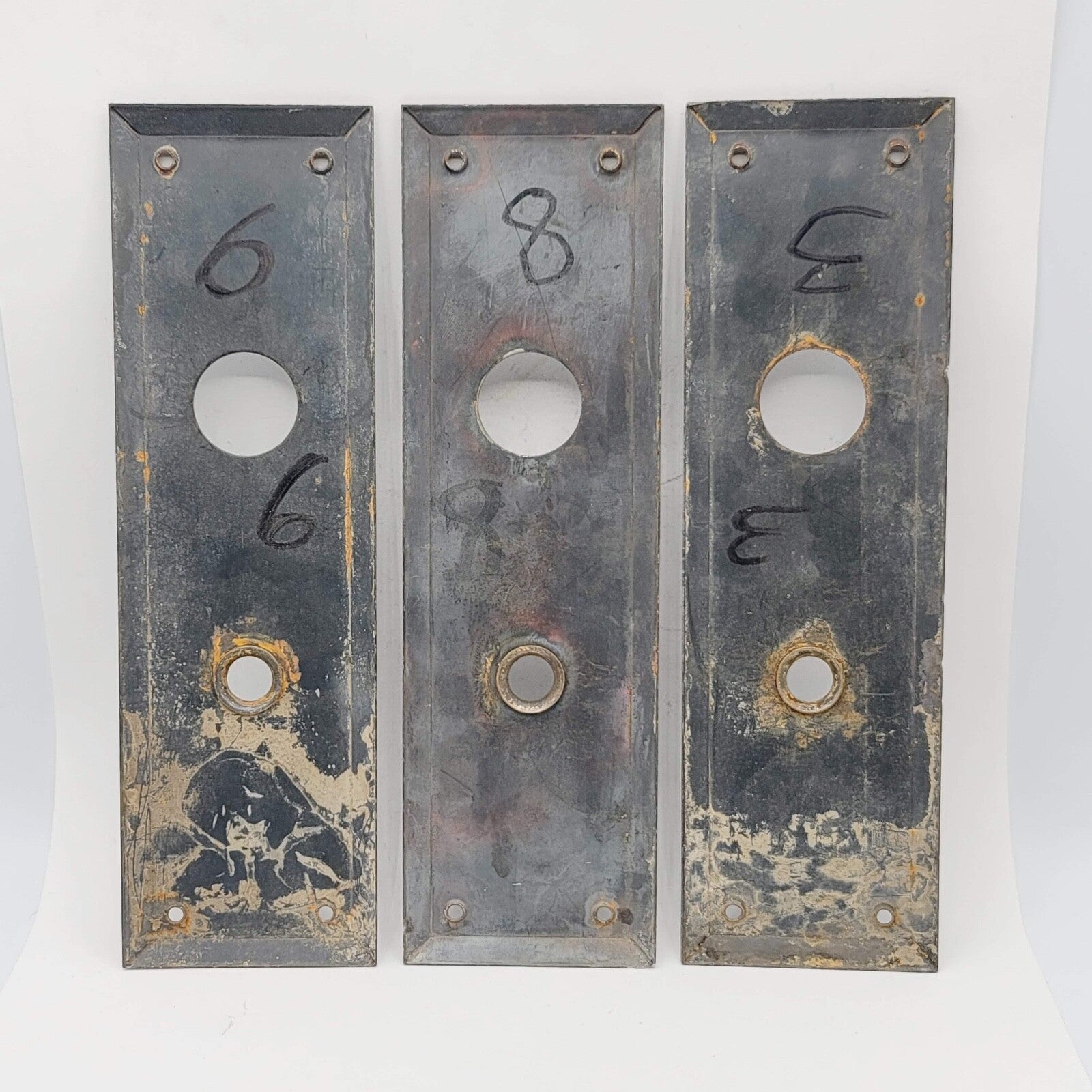 Lot of 3 Vintage Steel Exterior Doorknob Back Plate 10" x 3" holes 3 3/4"