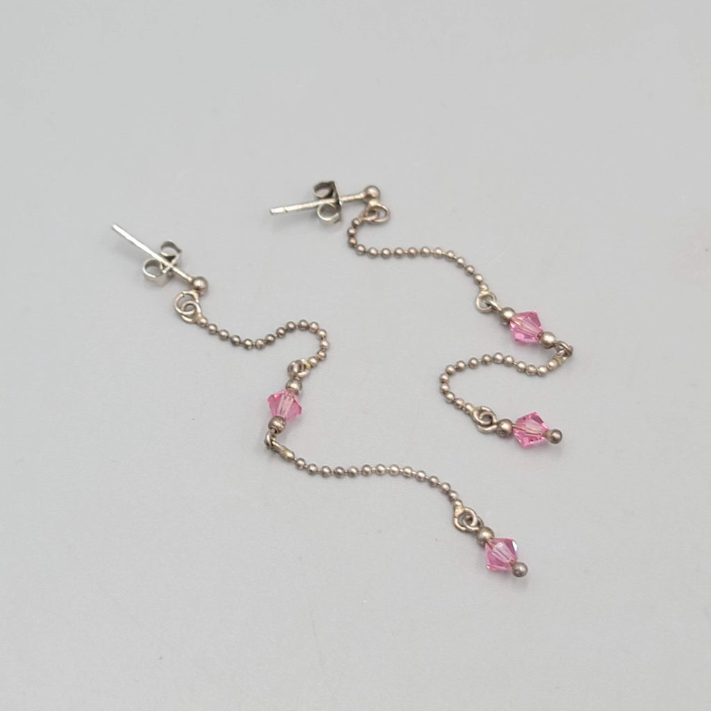 Long Pink Crystal Pierced Earrings Silver tone Dangle  3"