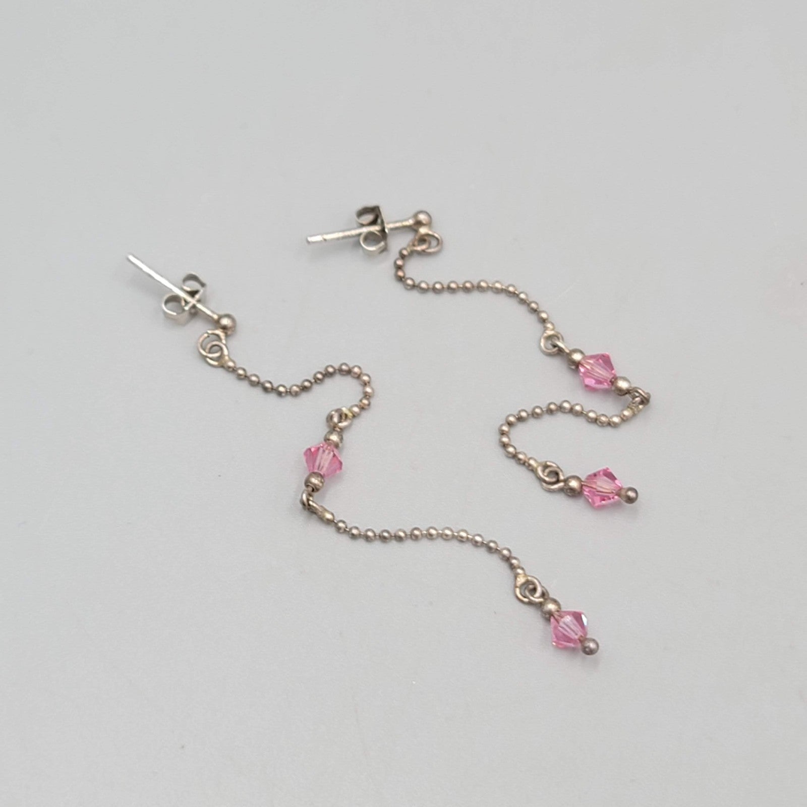 Long Pink Crystal Pierced Earrings Silver tone Dangle  3"