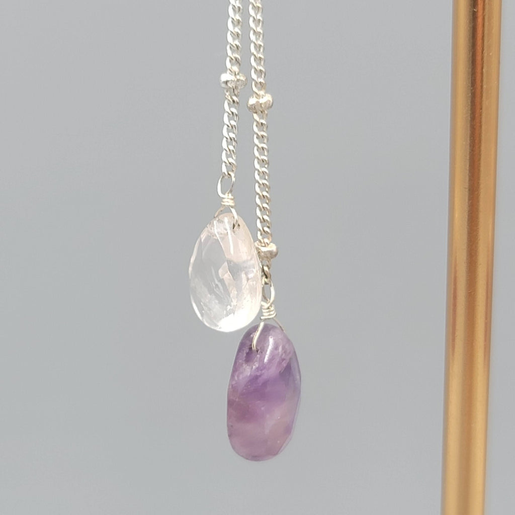 Quartz Amethyst Teardrop Pierced Earrings Silver tone Dangle  2 in