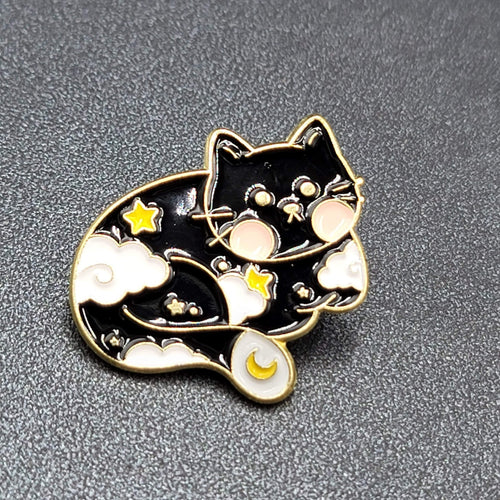 Black Cat Enamel Lapel Hat Pin Dream Clouds Star Moon 1 1/8"