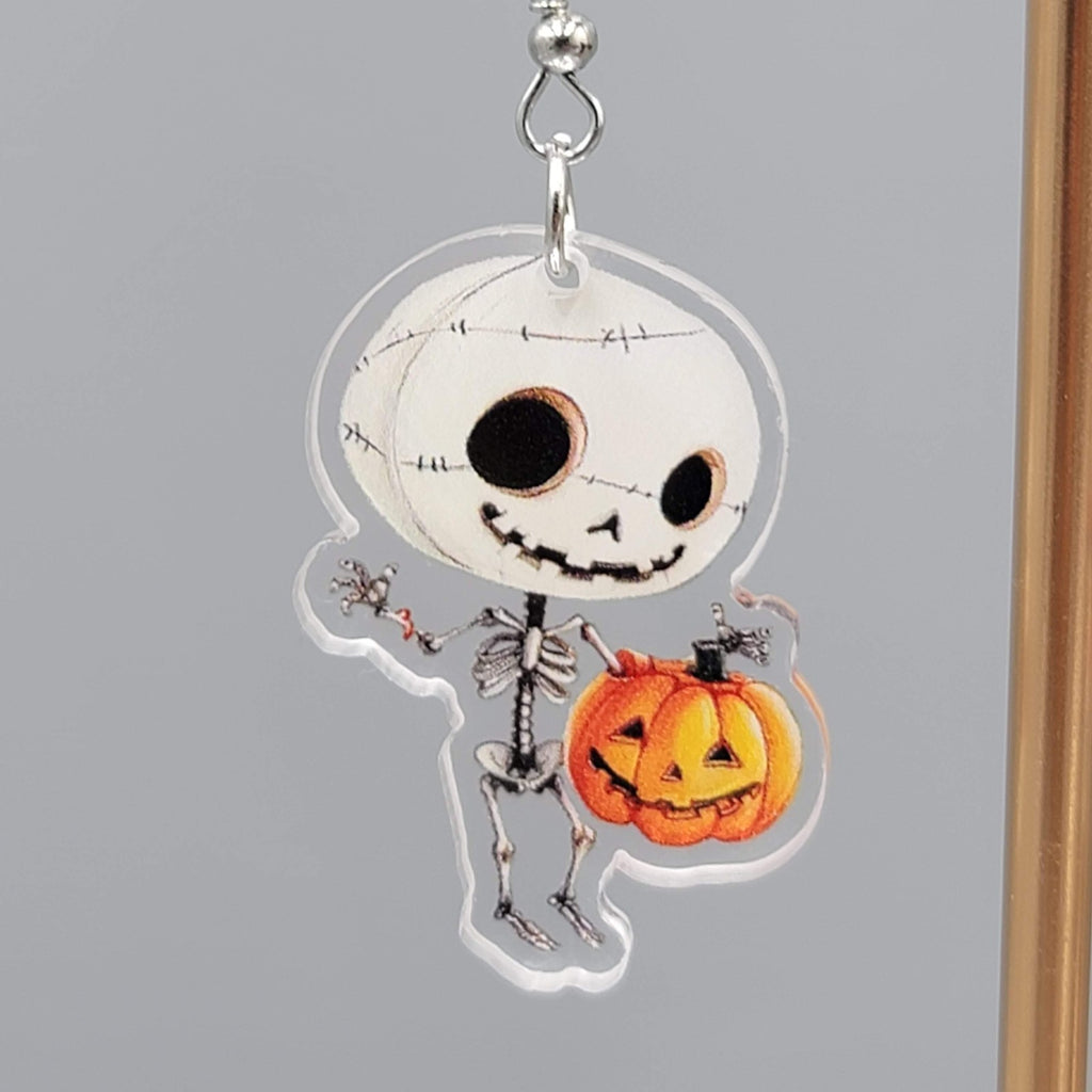 Halloween Skeleton Jack o Lantern Pierced Earrings Silver tone Dangle 1.5 in