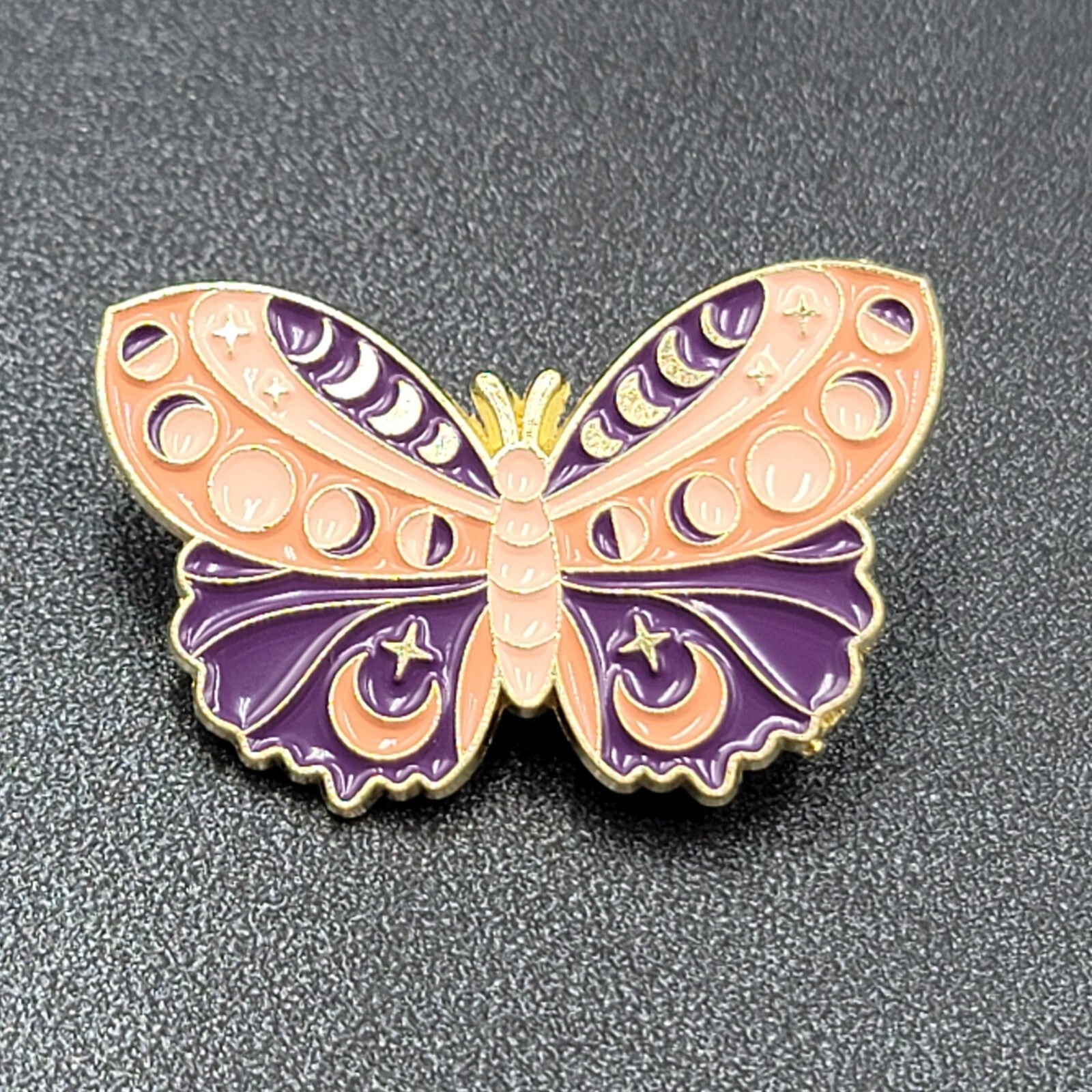 Moth Purple Peach Enamel Moon Phases Lapel Hat Pin 1.5"
