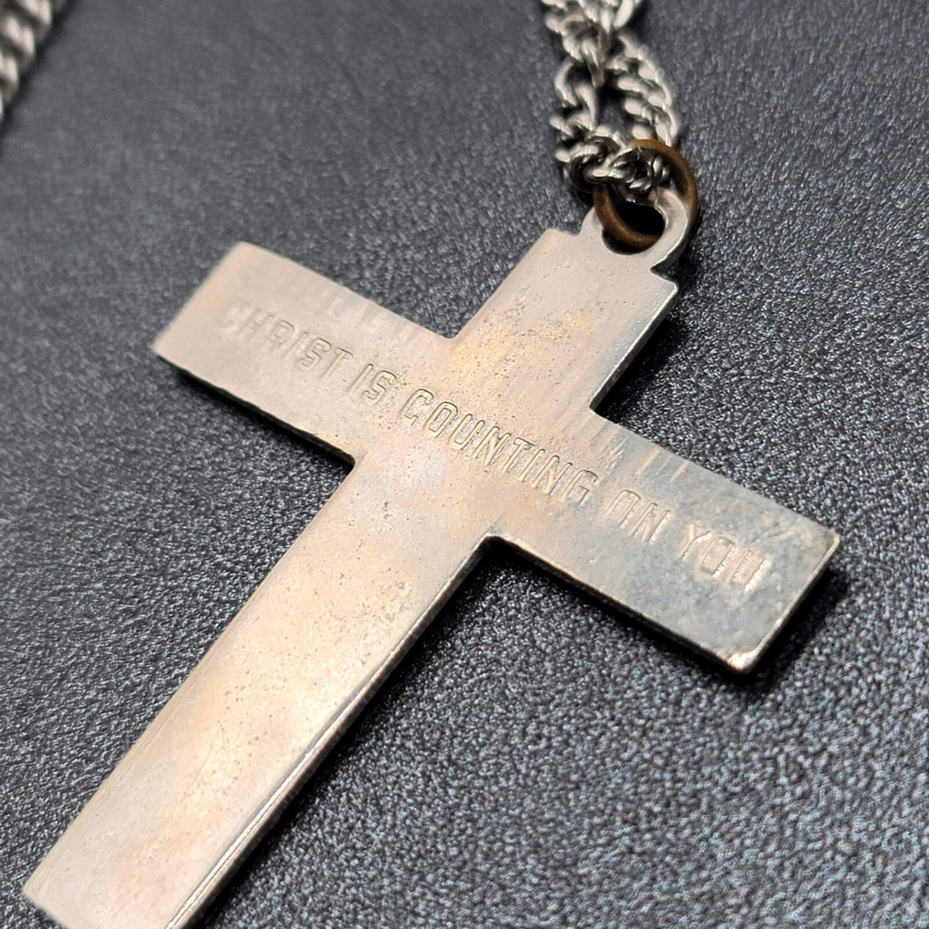 Catholic Religious Cross Pendant Christ is counting on you Silver tone 24"