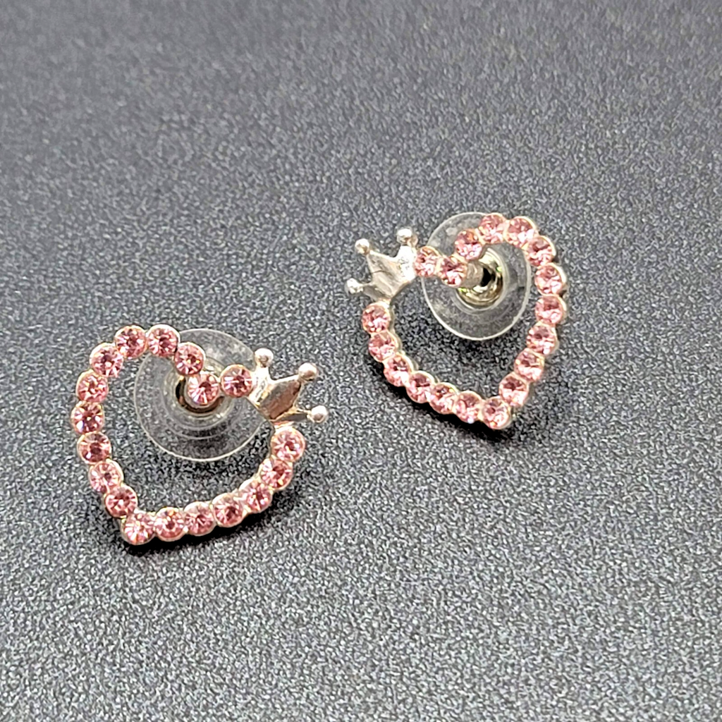 Heart Pierced Earrings Silver tone Crown Pink Crystal Studs 3/4"