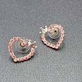 Heart Pierced Earrings Silver tone Crown Pink Crystal Studs 3/4"