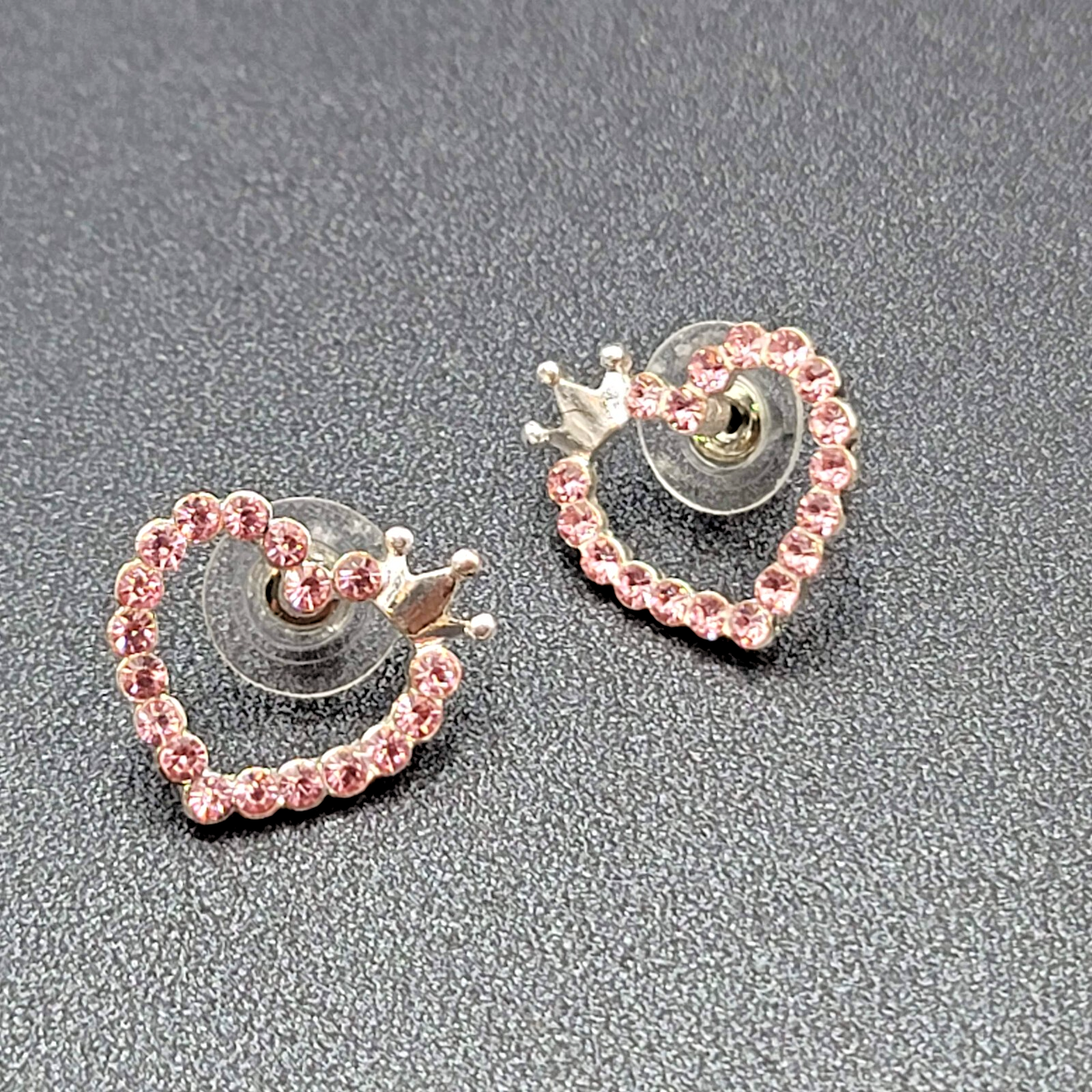 Heart Pierced Earrings Silver tone Crown Pink Crystal Studs 3/4"