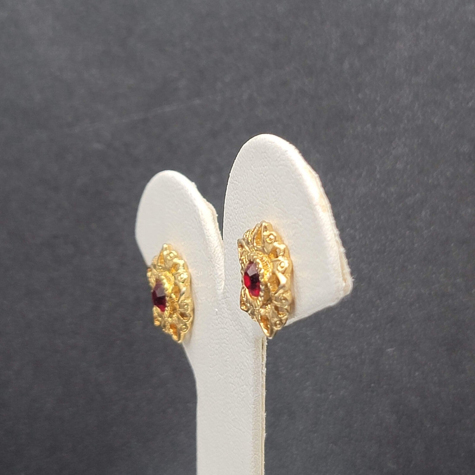 Vintage Pierced Earrings Gold Plated Red Stone Heart Studs 5/8"